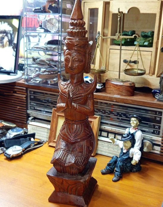 Sculptură veche din lemn masiv, zeița Buddha,de colecție, vintage