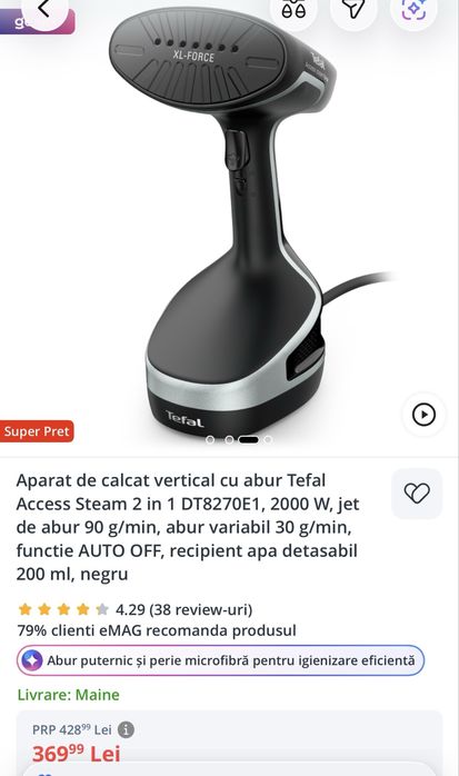 Aparat de calcat vertical cu abur tefal