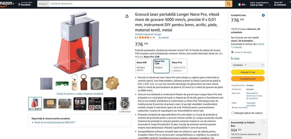 Gravură laser portabilă Longer Nano Pro, viteză de gravare 5000 mm/s