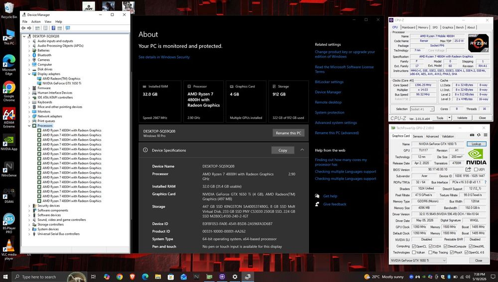 Laptop Gaming Acer Nitro 5 / Ryzen 7-4800H / Video GTX 1650Ti / 32 Gb Ram/2x SSD