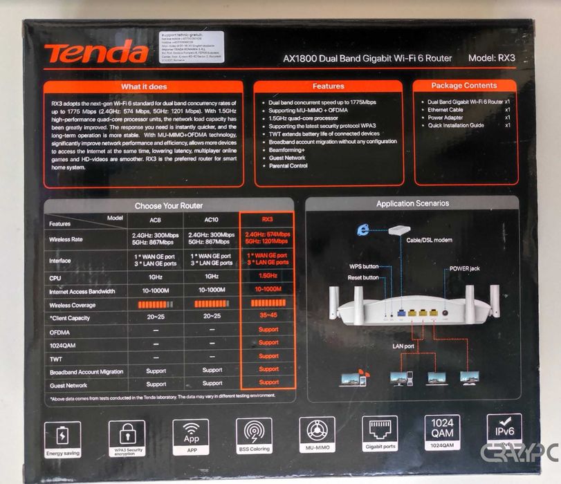 Router Wireless WiFi 6 gigabit Tenda RX3 AX1800 nou garantie sigilat