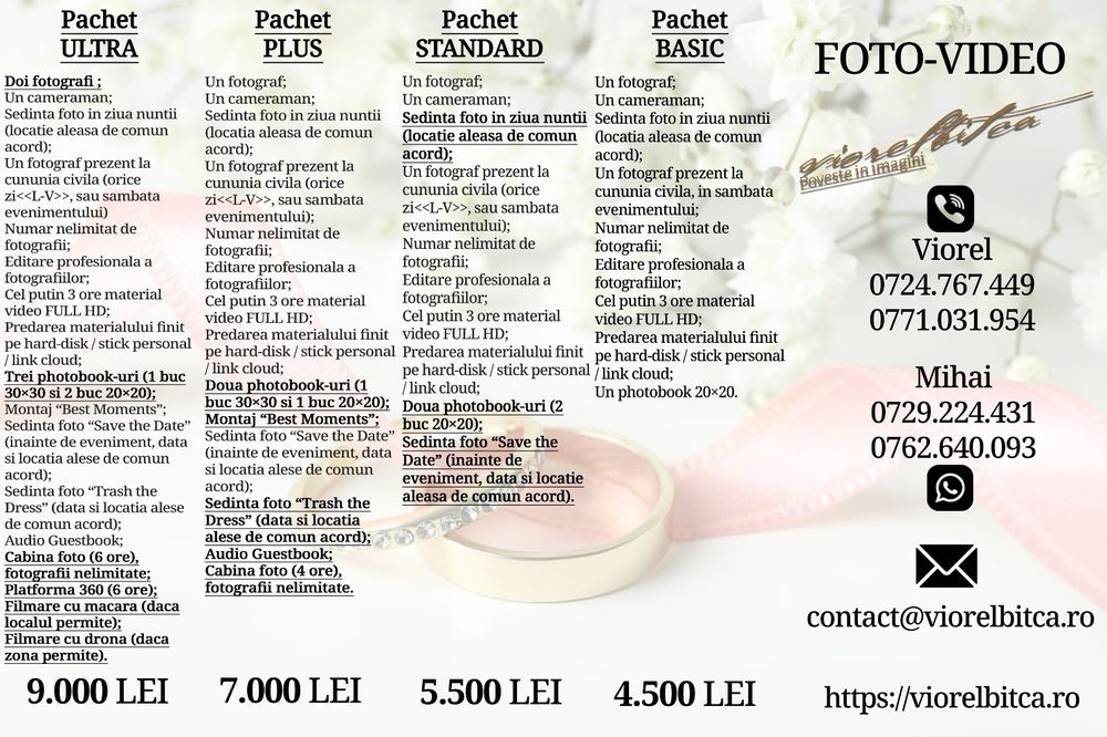 Fotograf si Cameraman NUNTA, Botez, Trash the Dress, Save the Date