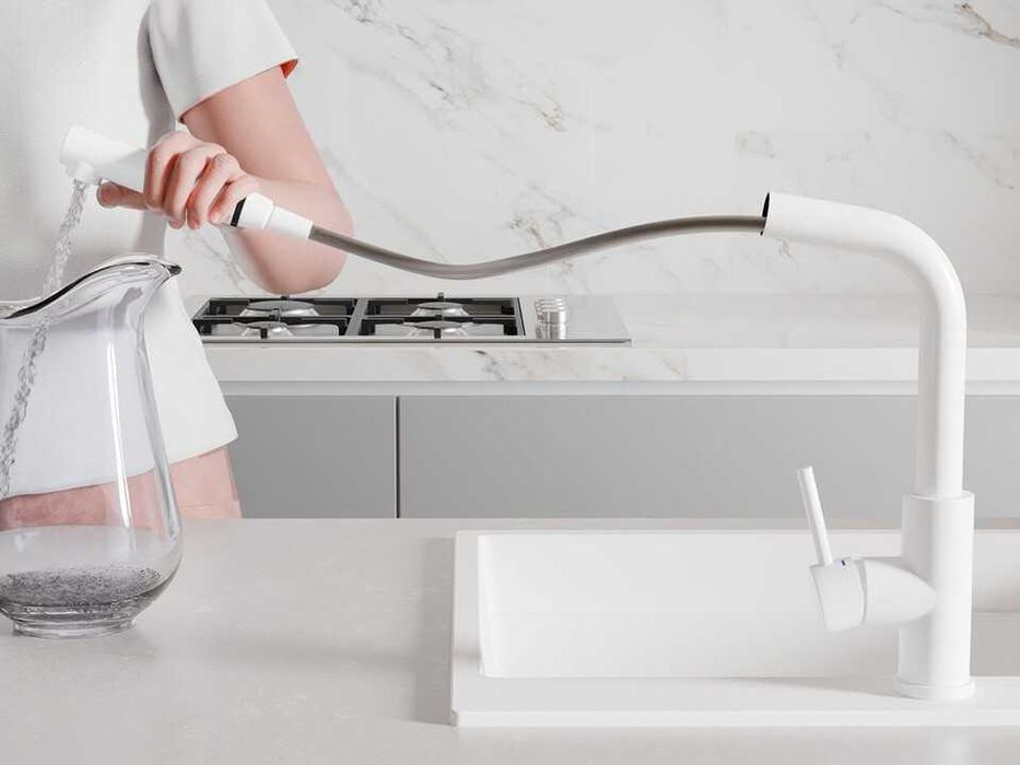 Бял смесител за кухня с изтегляща глава, 2 режима на струя - 3010
