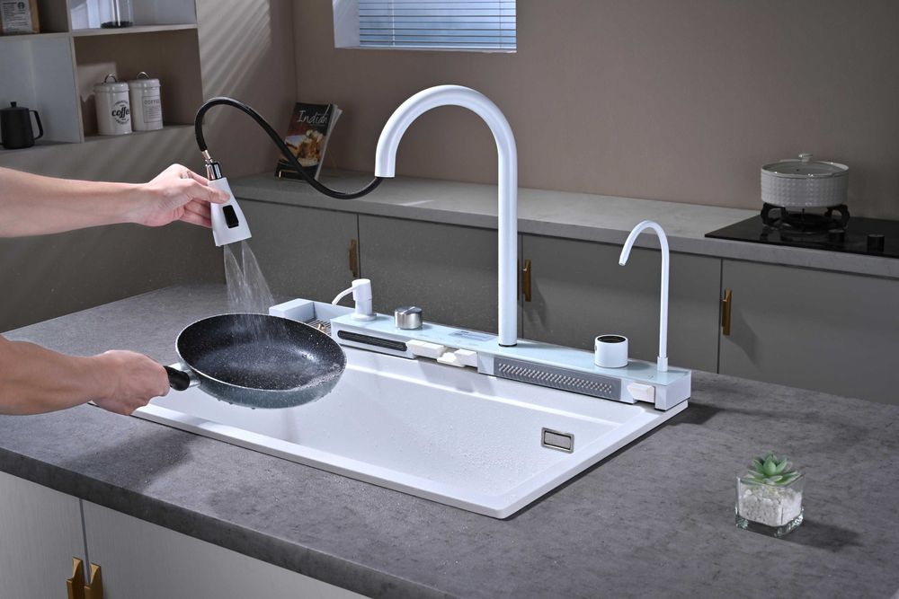 Бяла гранитна мултифункционална кухненска мивка с двоен водопад