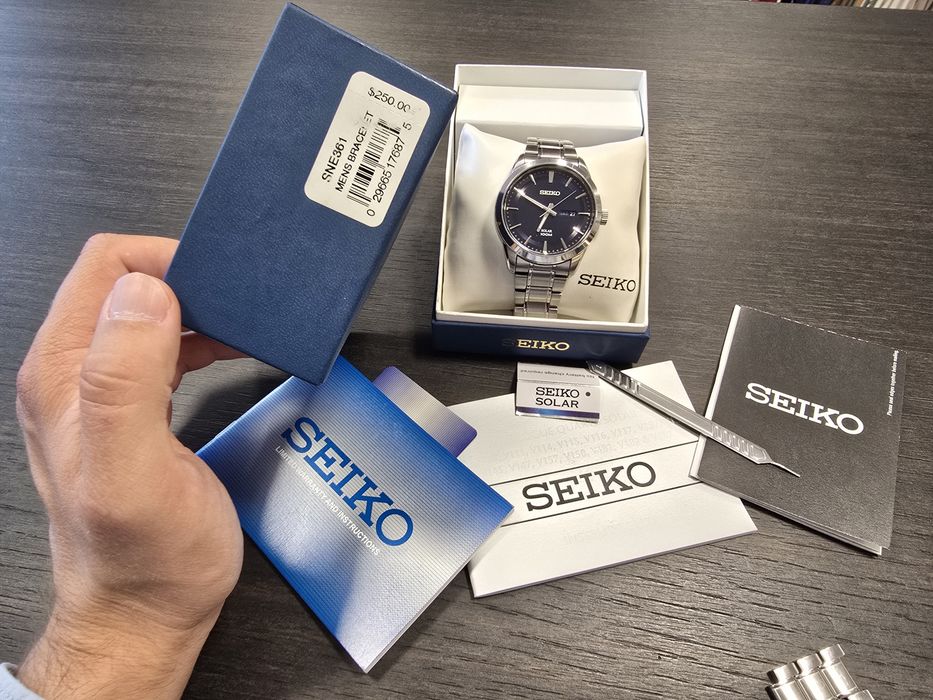 Seiko SNE361 Solar – ceas bărbătesc, set complet cu cutie originală și etichetă de preț