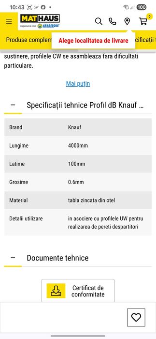 Profil pereti Knauf CW 100, 4000x100x0,6