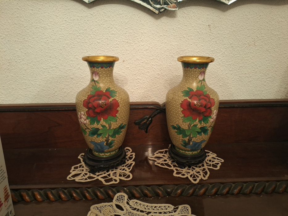 Cloisonne - pereche de vaze vechi emailate cloisonné