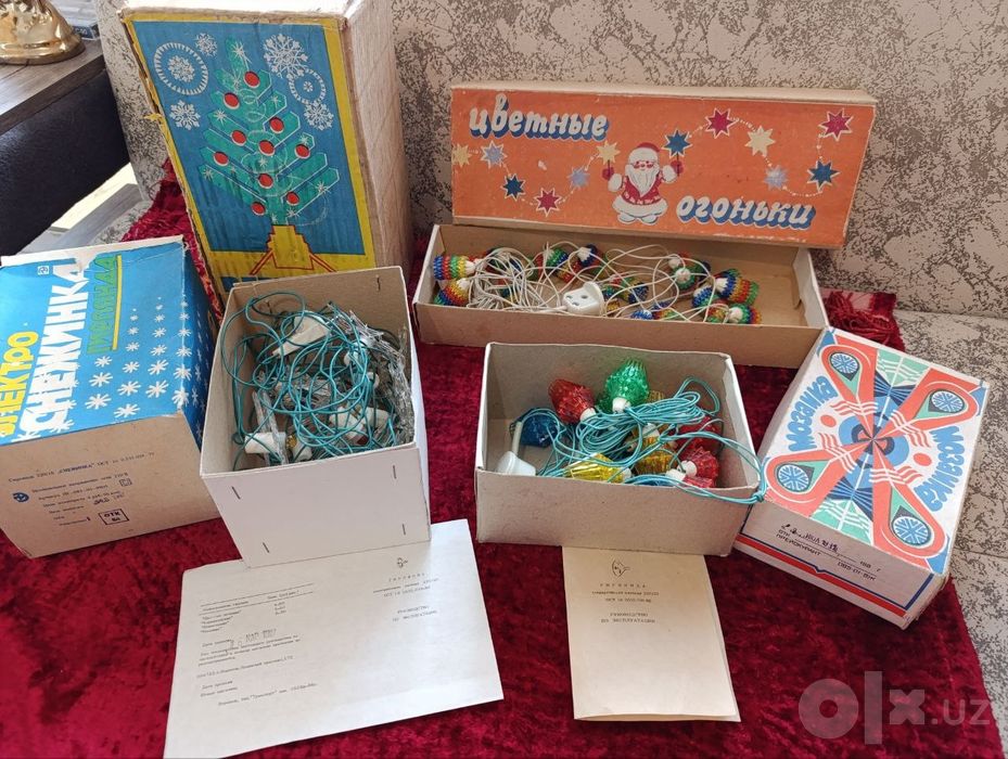 Новогодние гирлянды , маски , ёлочные игрушки , ёлка СССР