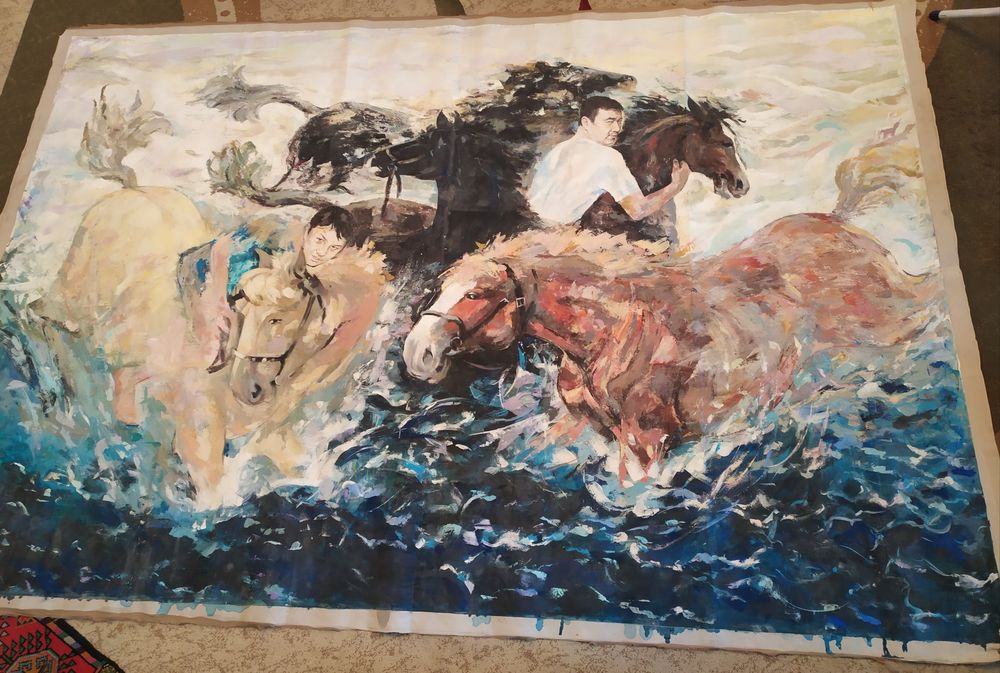 Большая картина "Купание с лошадьми"