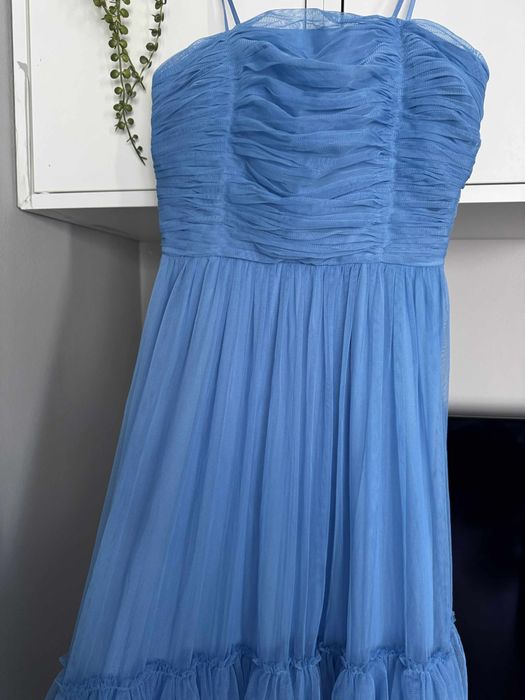 Официална дълга рокля тюлена с тюл синя lace&beads