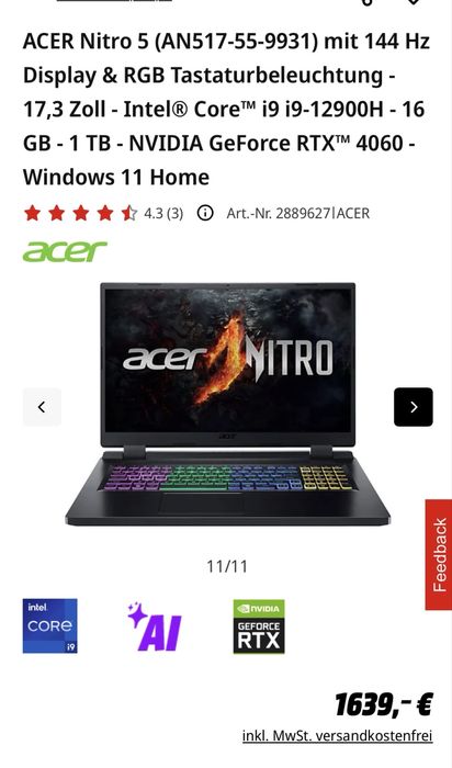Laptop gaming Acer Nitro 5   17,3 inch i9 , rtx 4060 , 16gb DDR5 , 1tb
