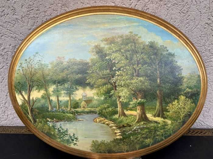 Superba pictura manuala pe lemn-Peisaj-forma bombata-Italia