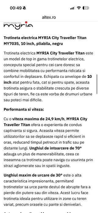 Trotineta electrica MYRIA City Traveller Titan MY7035, 10 inch, pliabila, negru