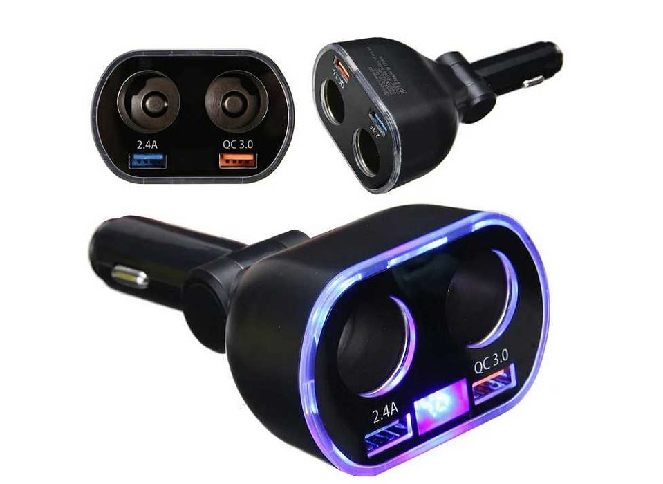Разклонител за запалка 12V/24V с волтметър, 2 гнезда и QC 3.0 USB