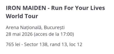 2 Bilete Iron Maiden sector 138, unul langa celalalt