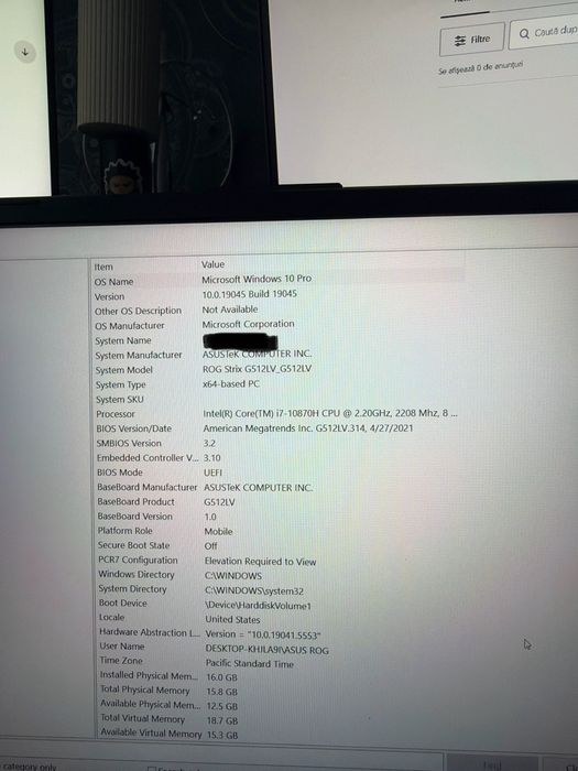 Laptop Gaming ASUS ROG Strix G15 (G512LV) | i7-10870H | 16 GB RAM | RTX 2060
