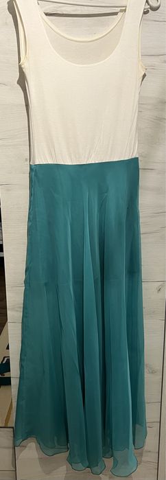 Rochie lunga alb turcoaz matase marimea S cordon in talie