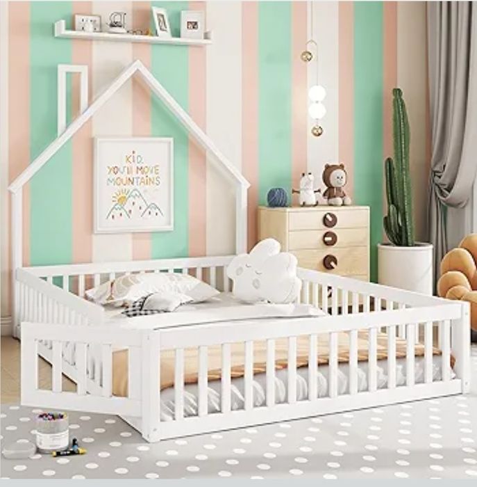 Pat tapițat 140x200 cm pentru copii, formă de coș de fum, lemn de pin