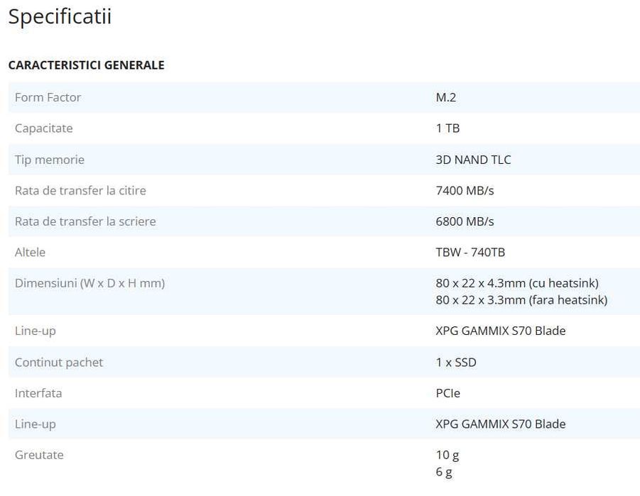 SSD m.2 Adata Gammix S70 Blade Gen 4 1 TB