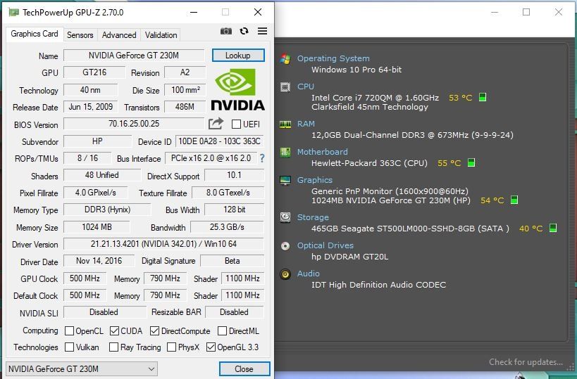 Laptop HP 17.3, i7 720QM 1,6Ghz/2,8Ghz, 12GB, 500GB SSHD, Nvidia GT 230M 1G, Win10 Office 2024