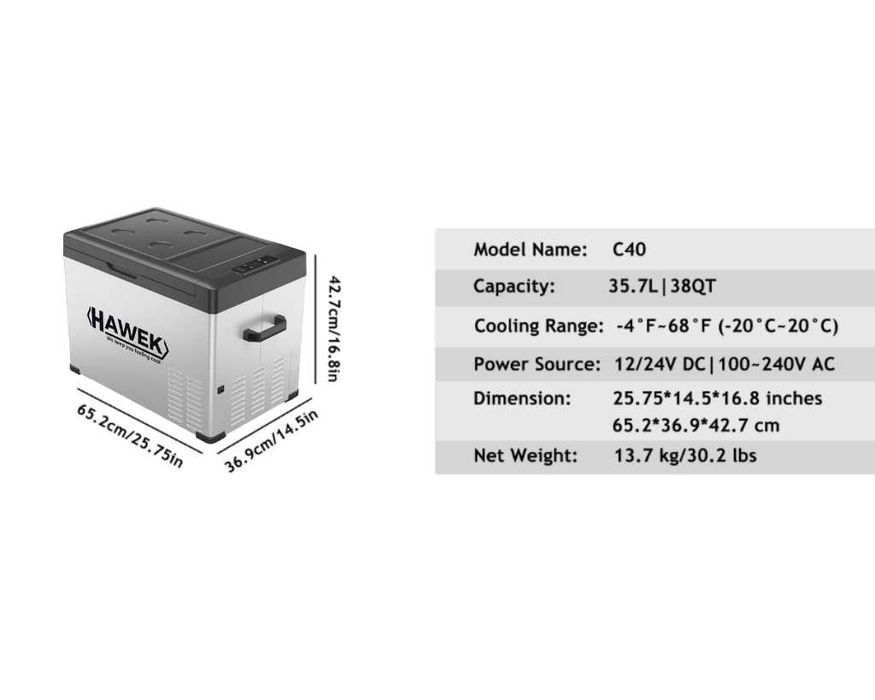 Портативен компресорен хладилник HAWEK C40 40L – 12V/24V/220V с охлаждане и замразяване