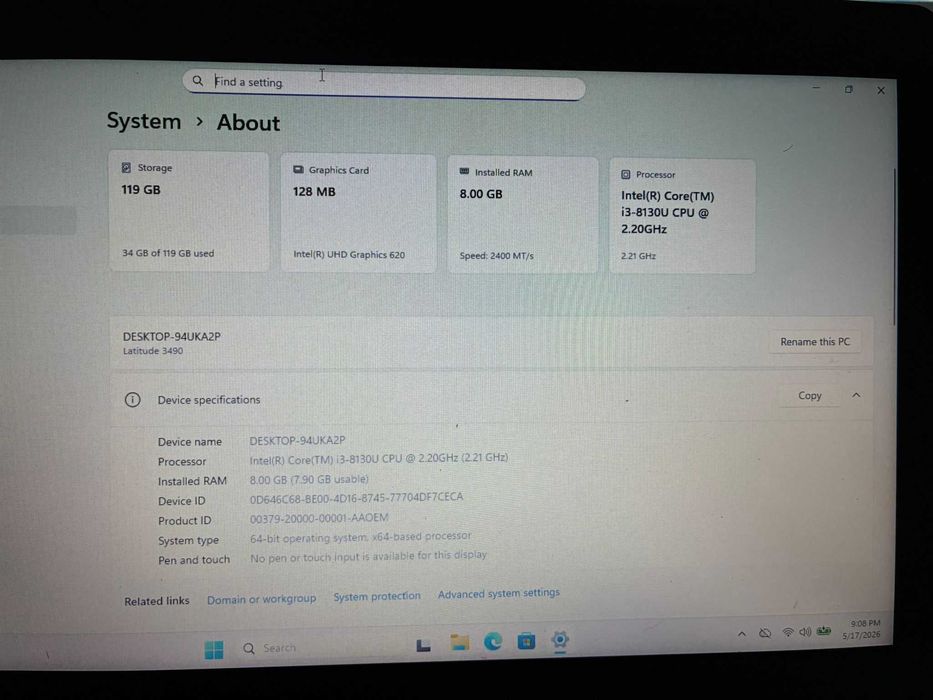 Dell Latitude 3490 I3-8130u 8th Gen/120GB Ssd Win 11 Pro