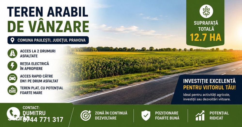 PLOIESTI - PAULESTI, Teren arabil 12.5 ha - dubla deschidere la asfalt