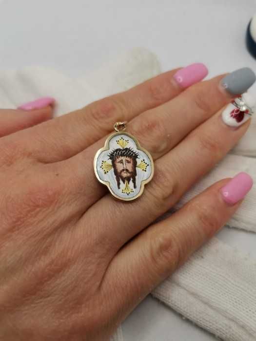 Pandantiv Aur 14K Cu Email Pictura Chipul Lui Iisus