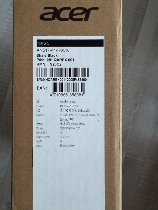 Като нов Acer Nitro 5 17 инча Ryzen  5600H 16GB DDR RTX 3060