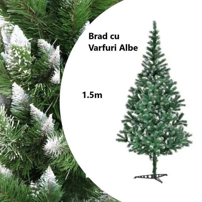 Brad Artificial cu Varfuri Albe ,150cm,Varfuri Ninse, Instalatie Cadou