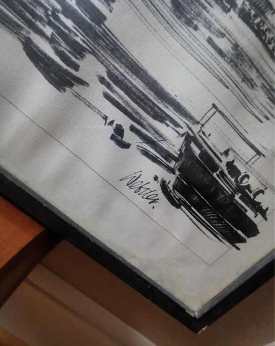 Антикварна картина в рамка и паспарту литография гравюра 38,5 х 52,5см