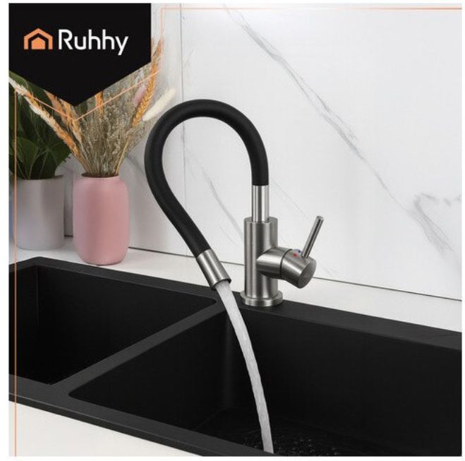 Baterie chiuveta bucatarie, 360°, comutator debit, Negru/Argintiu