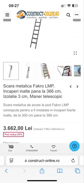 Scara pod mansarda FAKRO LMP inaltime 366 cm/3.66 m, izolatie 3cm