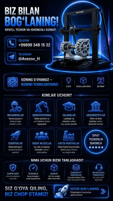 Profitsional 3D PRINTER xizmatlari | Qulay narxlar