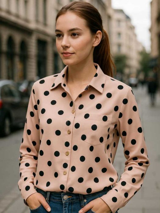 Сатенена риза на точки с дълъг ръкав