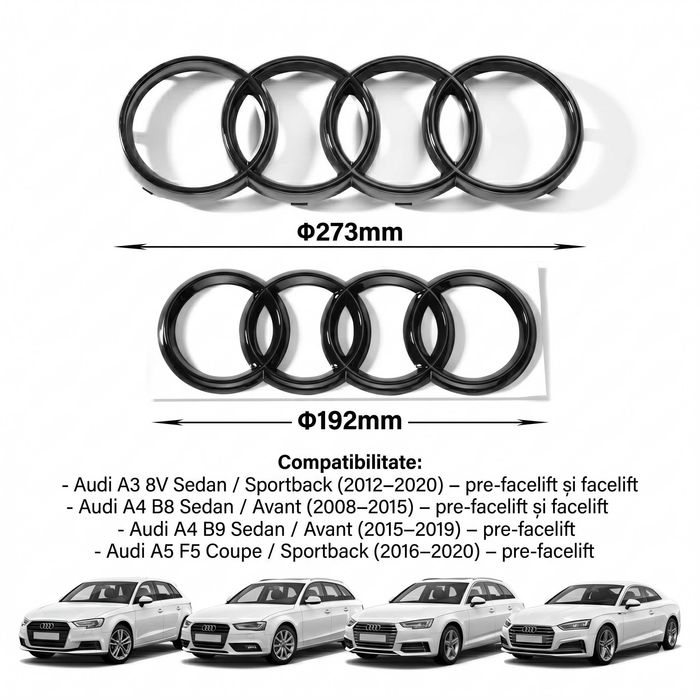 Set Embleme Audi pentru A3 8V, A4 B8, A4 B9 si A5 F5, Fata 273 mm + Spate 192 mm, Negru Lucios