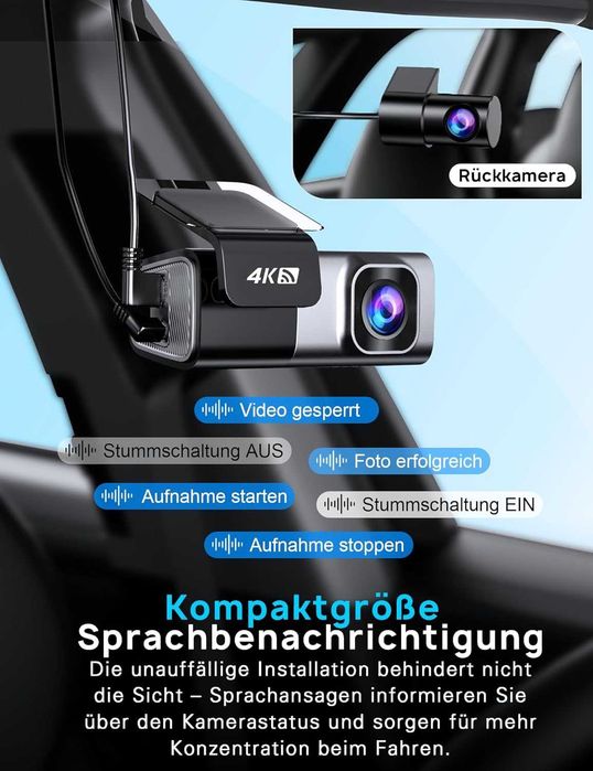 Camera auto Dash Cam față-spate 4K + 1080P, navycrest 5GHz WiFi Dash Cam Camera de bord