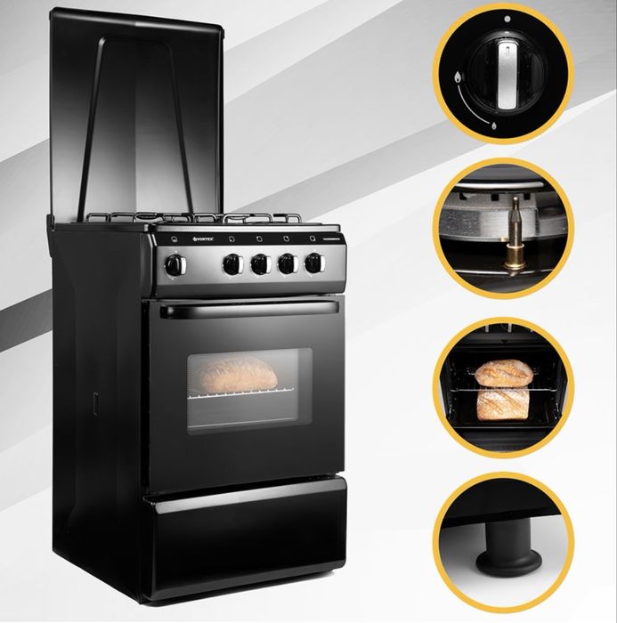 Aragaz VORTTEX,4 arzatoare, Gaz, L 50 cm, negru