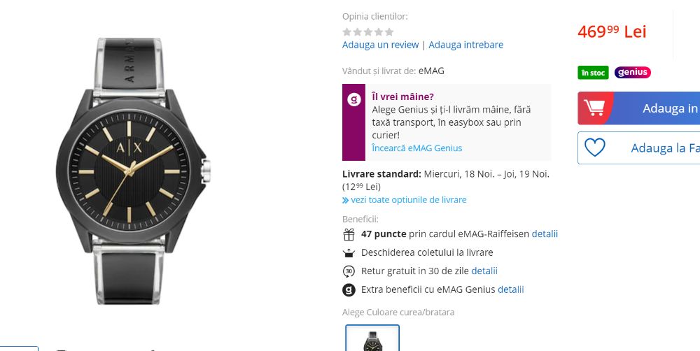 ARMANI EXCHANGE, Ceas analog cu o curea albastra nou cutie