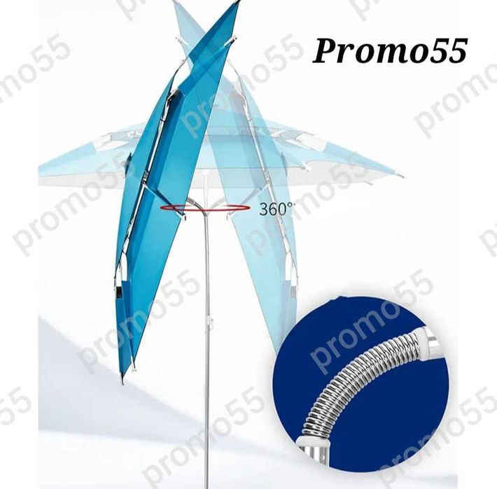 Плажен Чадър 220см. УВ, Чупещо Рамо, Двоен Покрив Стабилност при Вятър