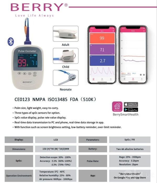Профессиональный пульсоксиметр Berry, Германия + 3 датчика + Bluetooth