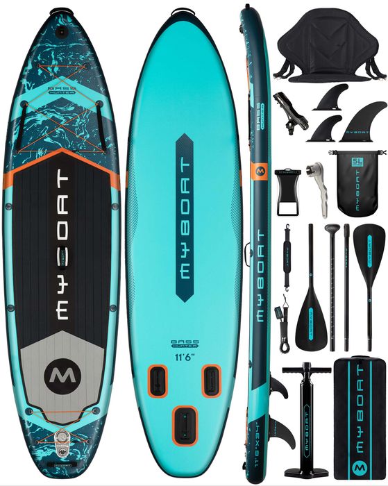 Нов, висок клас, широк 350 СМ надуваем падъл борд all-round SUP MYBOAT MY02 (Bass Hunter PRO) в тюркоазено-черен дизайн.