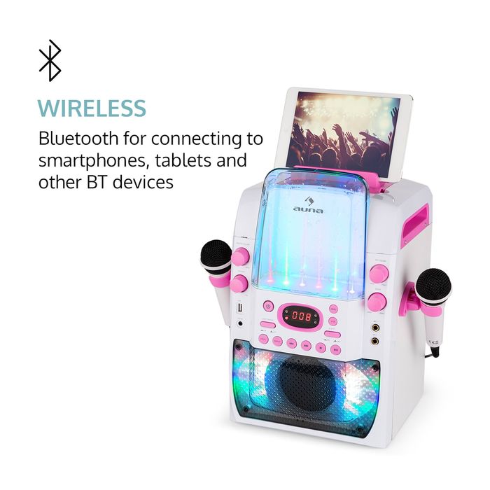 Караоке, светлинно шоу, воден фонтан, bluetooth, бяло / роз