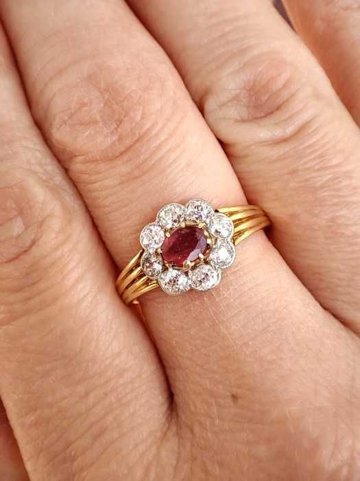 Inel Aur 14K Cu Rubin Si Diamante Old Euro Cut