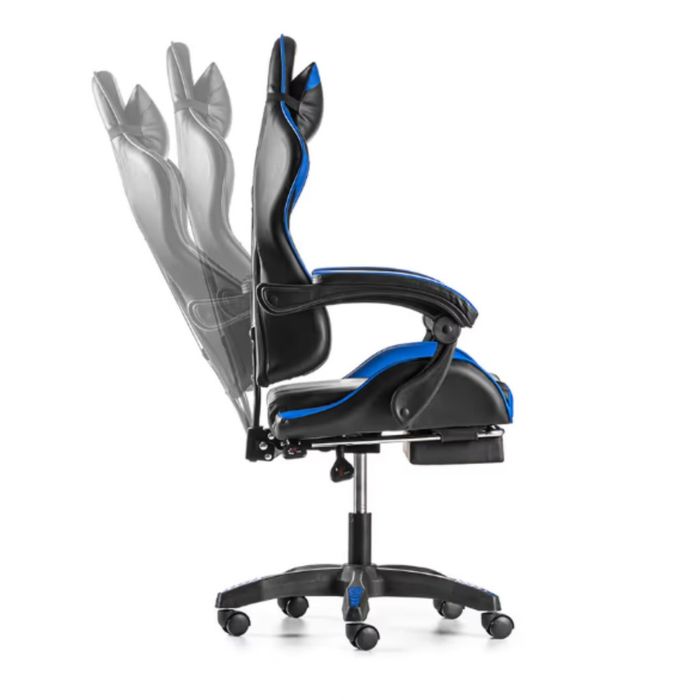 Геймърски стол с поставка за крака – черно-син, въртящ, с масажна функ