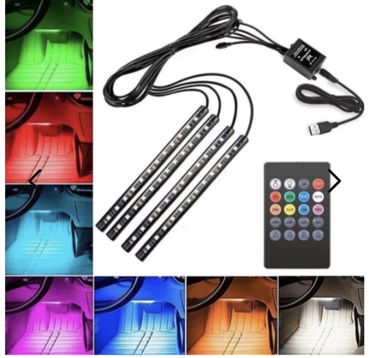 Set 4 benzi 18 LED cu lumina ambientale pentru auto si telecomanda RGB