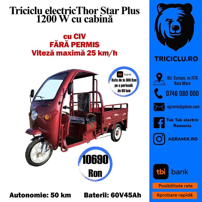 Triciclu electric- fara permis Thor StarPlus nou 1200W cu bena Agramix