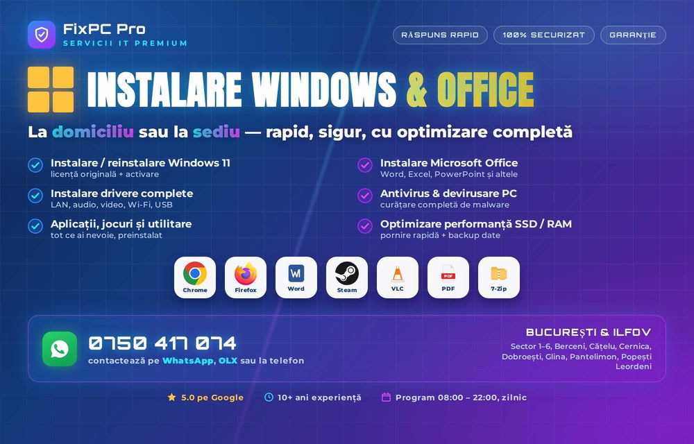Instalare Windows, Office și Drivere la Domiciliu - București & Ilfov