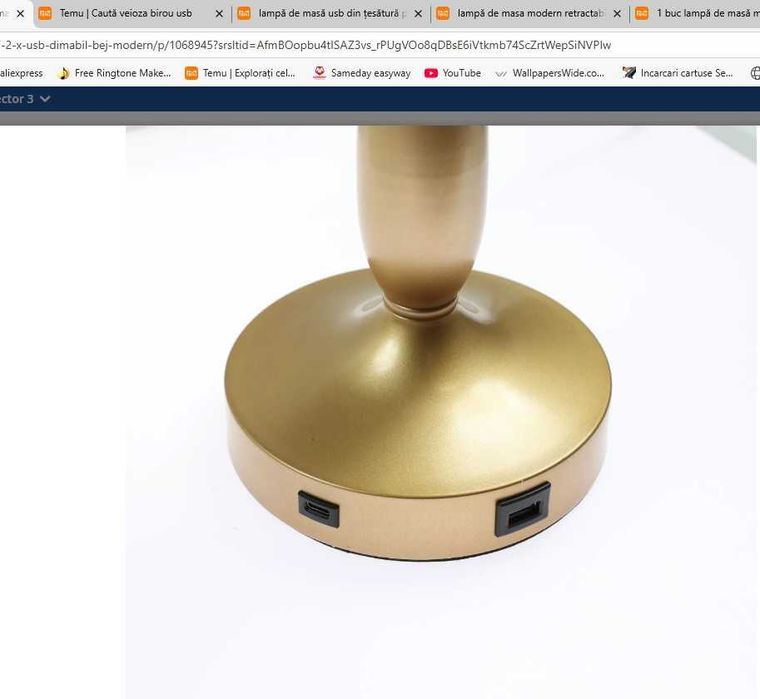 lampa birou/noptiera dimabila E27 2xusb 47cm auriu-bej 3 trepte tactil