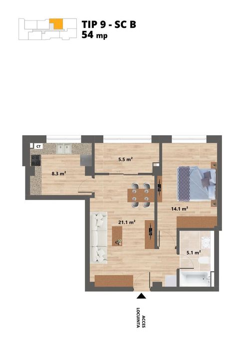 Sun Residence -- Apartament 2 camere - TIP 9 - 54 Mp - Proiect NOU -